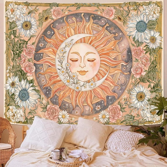 Soft Plush Photo Blanket Sun Moon Daisy Tapestry, Boho Aesthetic Floral ...