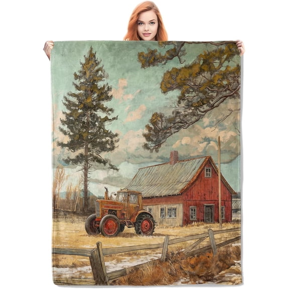 Soft Plush Photo Blanket Vintage Farmhouse Flannel Blanket, Rustic Country Scenery With Tractor And Barn Soft Lightweight Throw Blankets Gifts For Adults,50" X Customized Throw Gift, Printed in USA