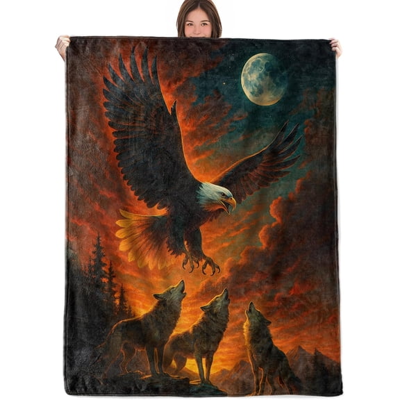 Soft Plush Photo Blanket Wolf And Eagle Throw Gifts For Boys Girls Kids Adults, Bald Eagle Flannel S For Travel Sofa Living Room Decor 50"x60" Customized Gift, Printed Usa