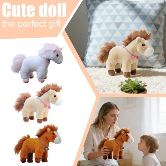 Soft Plush Pony, 9.84inch Stuffed Horse Toy with Bell Collar & Fluffy Mane, Standing Plushie Animal Doll for Boys & Girls Birthdays and Nursery Decor