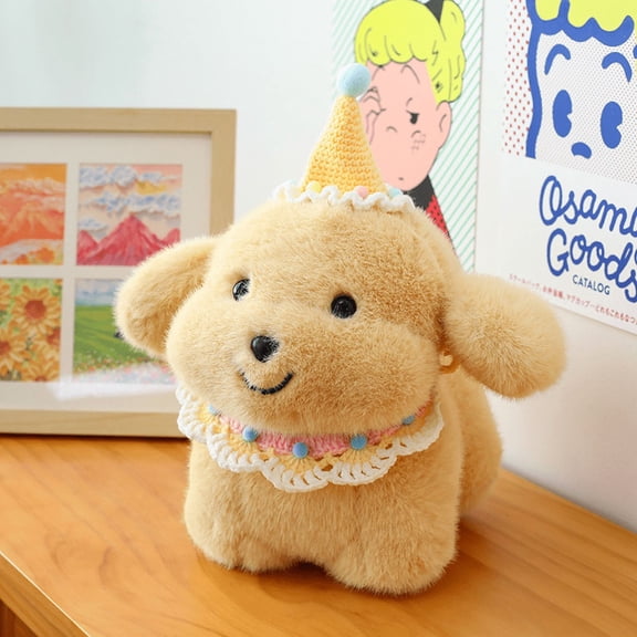 Soft Plush Puppy Dog Stuffed Animal, Ultra Fluffy Faux Fur Dog Plush with Decorative Hat & Bib, Cozy Comfort Pillow Doll for Bed Sofa Home Decor Gift