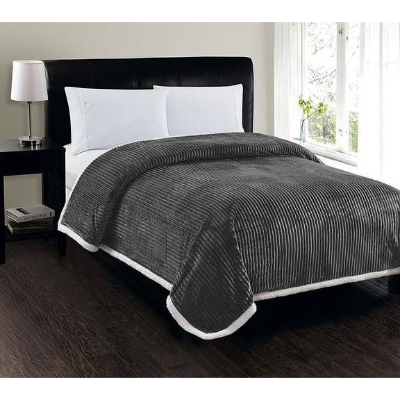 Soft Plush Reversible Corduroy / Sherpa Lined Oversized Bed Blanket for Bedroom or Lounging on Couch, Queen, Grey