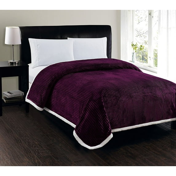 Soft Plush Reversible Corduroy / Sherpa Lined Oversized Bed Blanket for Bedroom or Lounging on Couch, Queen, Purple