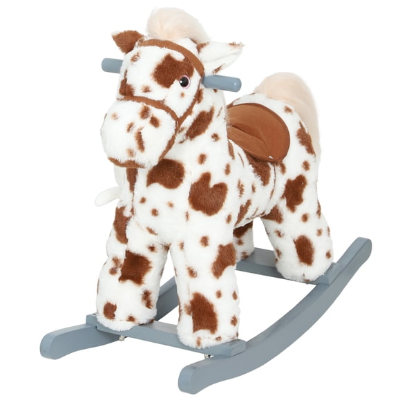 Soft Plush Rocking Horse with Rabbit Toy, Realistic Neigh & Sound, Solid Wood Base, 88 lbs Capacity, 28x10.2x21.7 inch, Brown