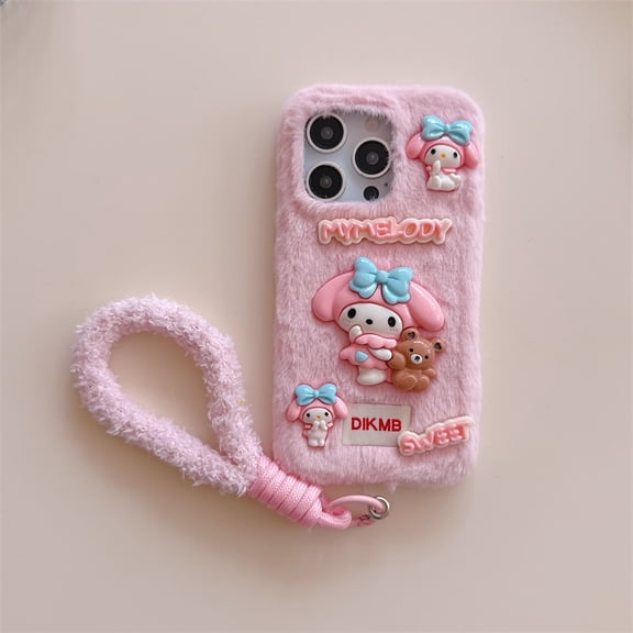 Soft Plush Sanrio Hello Kitty My Melody Case For iPhone 17 16 15 14 13 Pro Max Winter Warm Shockproof Wrist Strap Cover