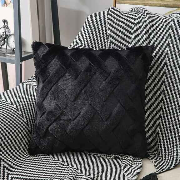 Soft Plush Short Wool Velvet Decorative Throw Pillow Covers - With Invisibility Zipper - White Square Luxury Style Cushion Cases Pillow Shell for Sofa Bedroom - 15.74x15.74in Black