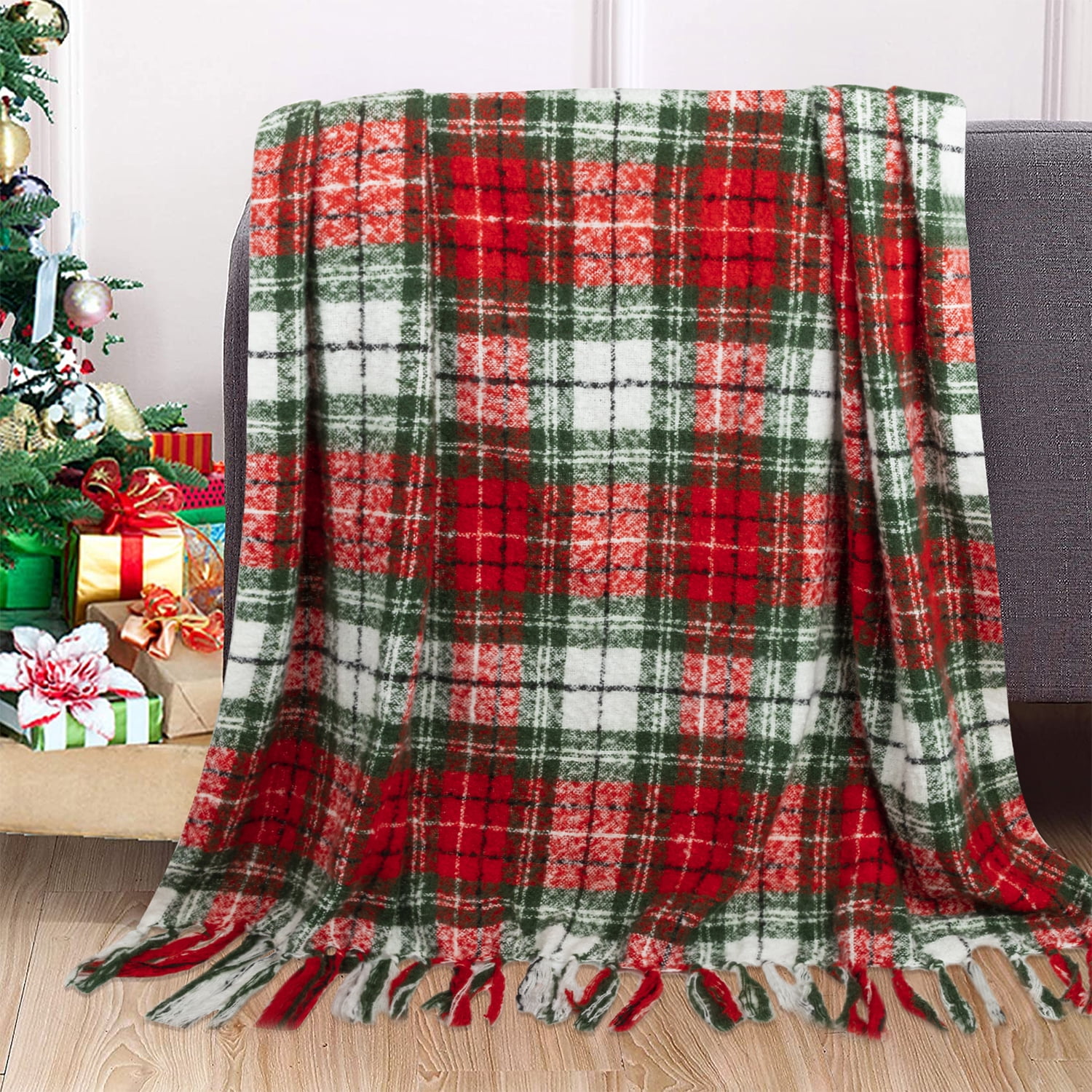 Soft Plush Throw Blanket with Fringe, 50" x 60", Christmas Plaid