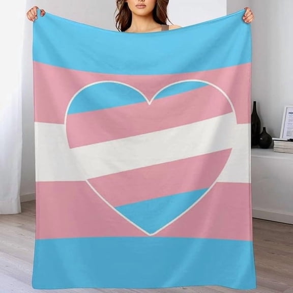 Soft Plush Transgender Pride Flag Throw Blanket Cozy Warm Flannel Fleece Pink & Blue with White Stripe & Heart Design Perfect for Couch or Bed
