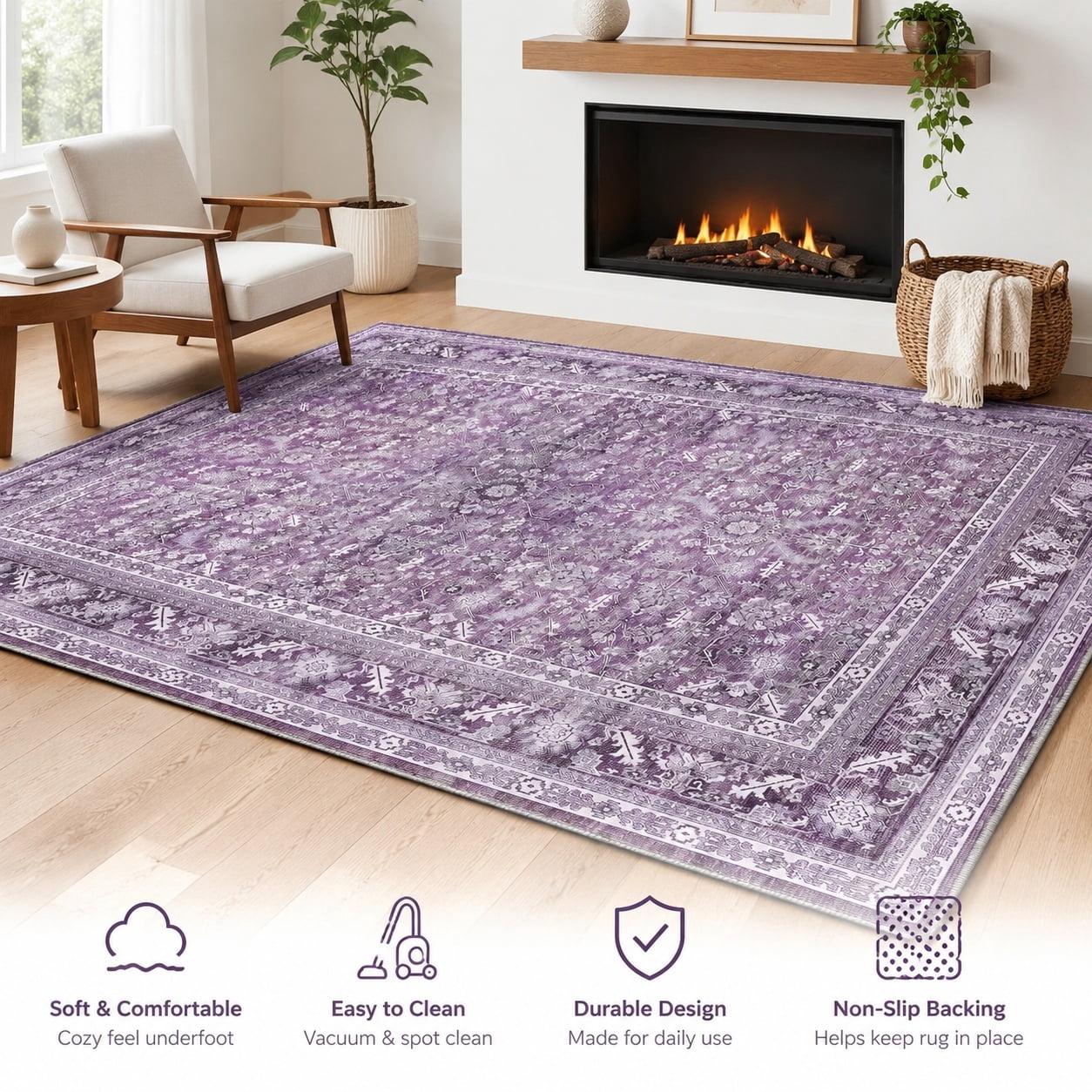 Large Soft Rug Soft Plush Vintage Purple Area Rug 5x7, Washable Living Room Bedroom ...