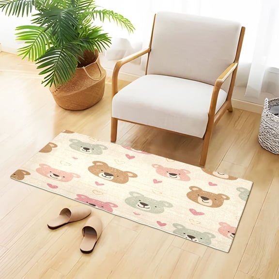 Soft Plush Water Absorbent Floor Mat, TPR Non Slip Base Doormat for Bathroom Bedroom Kitchen Entrance Beige Bear Heart Ears