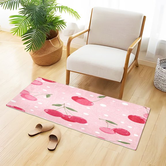 Soft Plush Water Absorbent Floor Mat, TPR Non Slip Base Doormat for Bathroom Bedroom Kitchen Entrance Bright Cherry Blossom Pattern