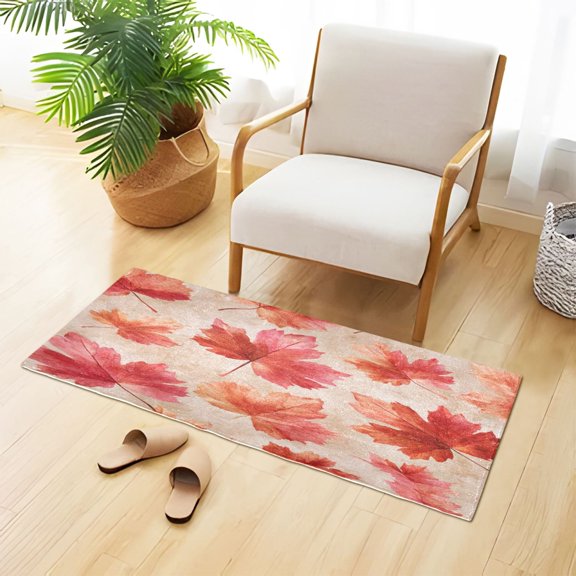 Soft Plush Water Absorbent Floor Mat, TPR Non Slip Base Doormat for Bathroom Bedroom Kitchen Entrance Cartoon Red Maple Leaf