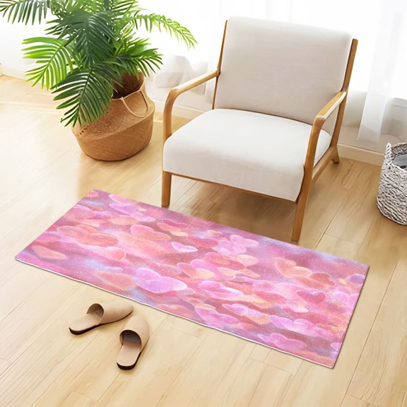 Soft Plush Water Absorbent Floor Mat, TPR Non Slip Base Doormat for Bathroom Bedroom Kitchen Entrance Floating Pink Heart