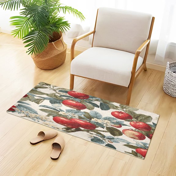 Soft Plush Water Absorbent Floor Mat, TPR Non Slip Base Doormat for Bathroom Bedroom Kitchen Entrance Red Apple Pattern