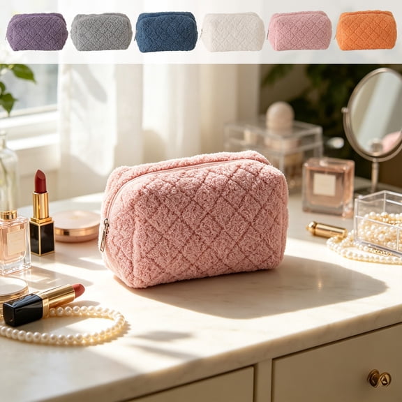 Soft Plush Zipper Makeup Bag, Multi-Purpose Cosmetic Storage Pouch, Compact Organizer for Lip Gloss, Brushes, Daily Skincare Supplies, Office Desk and Vacation Travel Packing