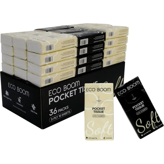 Soft Pocket Tissues, Travel Size, 3-Ply, Hypoallergenic, 36 Packs, Eco-Friendly Facial Tissues for Car, Purse, and School