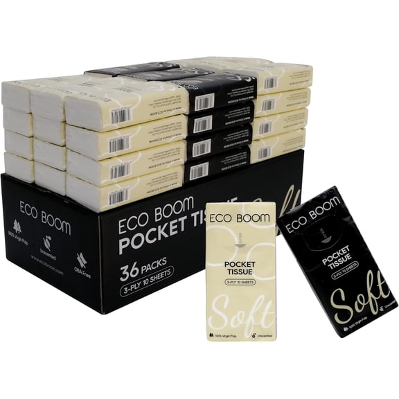 Soft Pocket Tissues, Travel Size, 3-Ply, Hypoalleric, 36 Packs, Eco-Friendly Facial Tissues for Car, Purse, and School