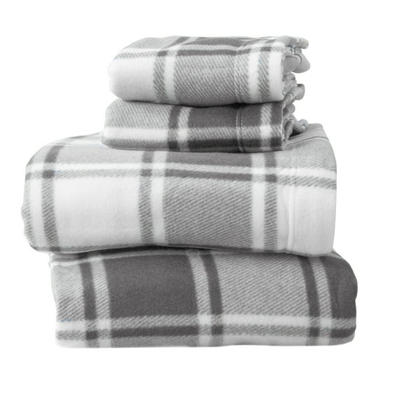 Soft Polar Fleece Plaid Sheet Set, 3-Piece Twin Size Sheets, Plaid Grey