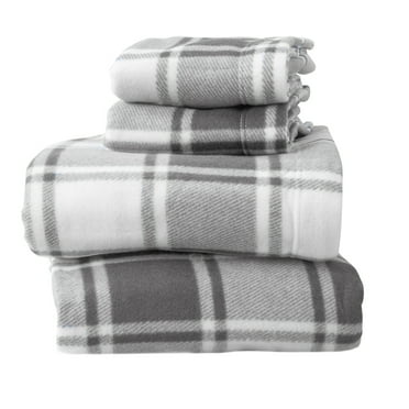 Soft Polar Fleece Plaid Sheet Set, 4-Piece Queen Size Sheets, Plaid Grey