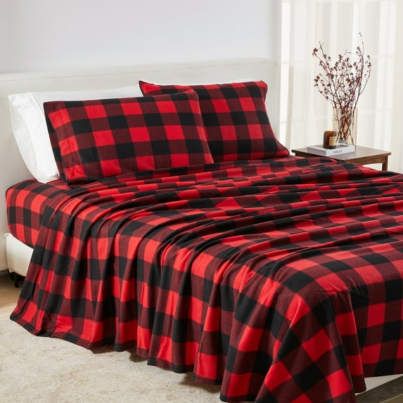 Soft Polar Fleece Plaid Sheet Set, 4-Piece Queen Size Sheets, Red / Black