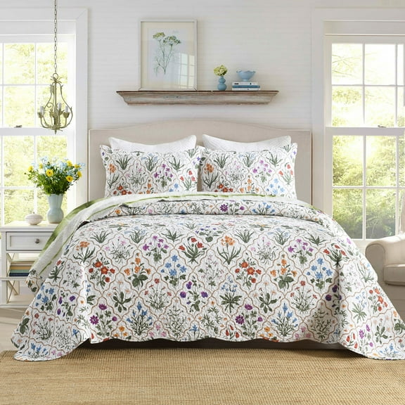 Soft Polyester 3-Piece Botanical Print Bedspread Set Quilted Floral Coverlet