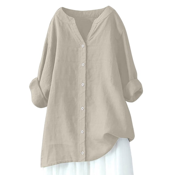 Soft Polyester Blouse Loose Fit Office Outfit, ​Cotton Boho Tops for Women Cotton Spring Tshirts 100 Percent Short Sleeve Shirts Button Down Blusas Casuales De Mujer Bonitas Beige L