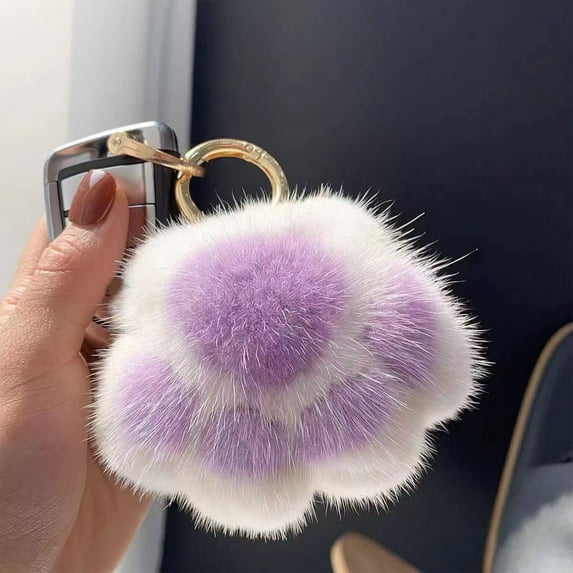 Soft Polyester Imitation Fur Cute Paw Keychain, Multi-Color (Pink/White/Gray/Purple/Khaki) Compact Lightweight Accessory, Practical Embellishment for Keys/Backpack/Car Decor