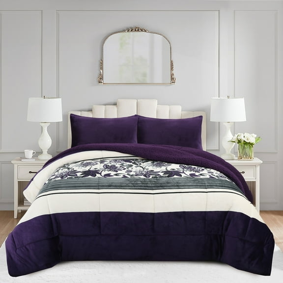 Soft Printed Micromink Sherpa Comforter Set, 3-Piece Comforter Set – Fluffy Ultra Cozy, Warm, and Plush Reversible Comforter with 2 Pillowcase, Queen/King Size