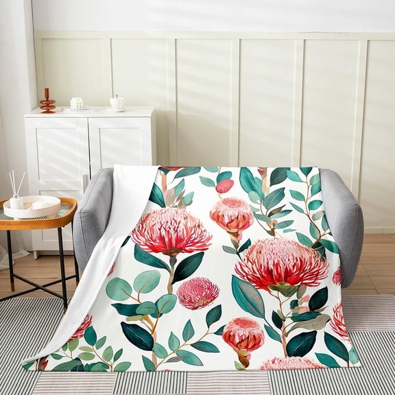 Soft Protea Flower Eucalyptus Leaves Print Throw Blanket Flannel Fleece Blanket for Couch Bed Sofa Home Decor