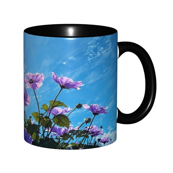 Soft Purple Anemone Wildflowers Bright Blue Sky Wispy White Clouds Spring Floral Landscape Ceramic Mug 11oz, Dreamy Nature Flower Coffee Cup