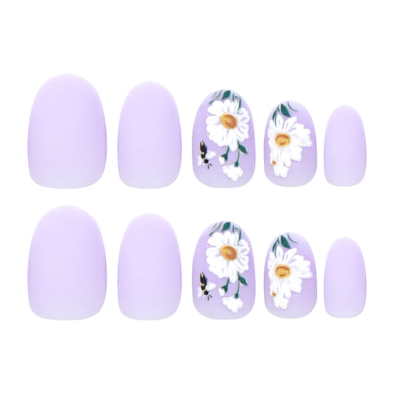 Soft Purple Daisy Bee Floral Press on Nails, Short Squoval Matte Finish False Nails, 24 Count