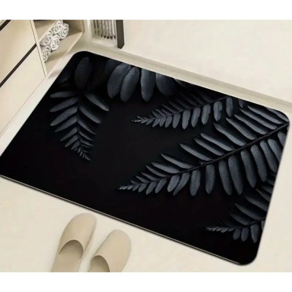 Soft Quiet Fern Pattern Non-Slip Floor Mat - Black Polyester Flannel Texture, Machine Washable Indoor Doormat for Kitchen Bathroom Living Room Bedroom