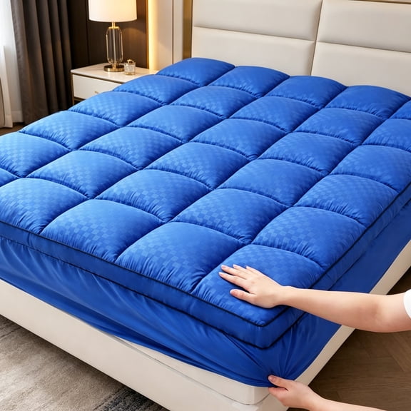 Soft Quilted Bread Grid Bed Fitted Sheet, Deep Pocket Non-Slip Mattress Topper Cover for Bedroom(Blue,Queen)
