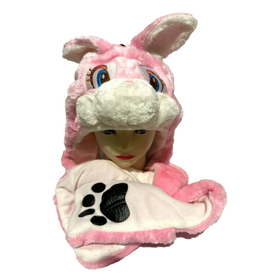 Soft Rabbit Plush Animal Winter Hat - Pink Bunny Plush Hat With Hand Pockets