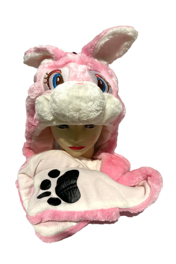 Soft Rabbit Plush Animal Winter Hat - Pink Bunny Plush Hat With Hand Pockets