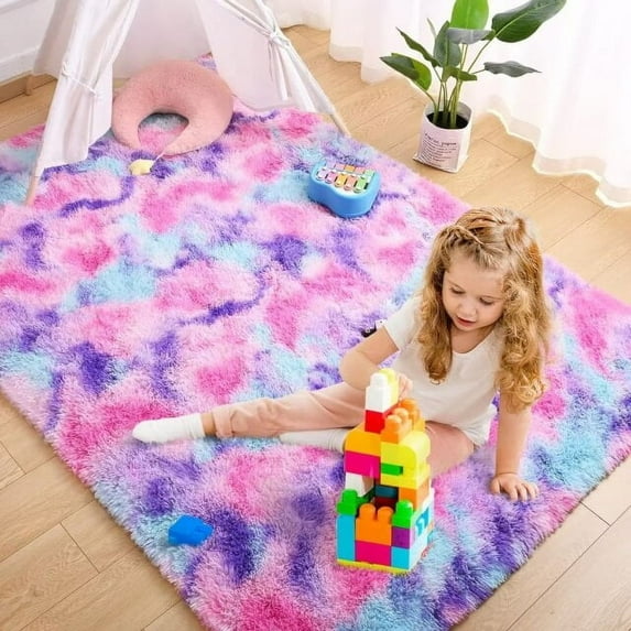 Soft Rainbow Area Rugs for Girls Room 3x5 Feet, Fluffy Cute Colorful Princess Carpet for Kids Teens Nursery Toddler,Bedroom Hot Pink