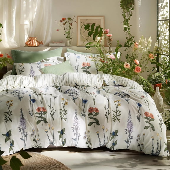 Soft Reversible Comforter Set With Botanical Flower Print, 3-Piece Bedding Set