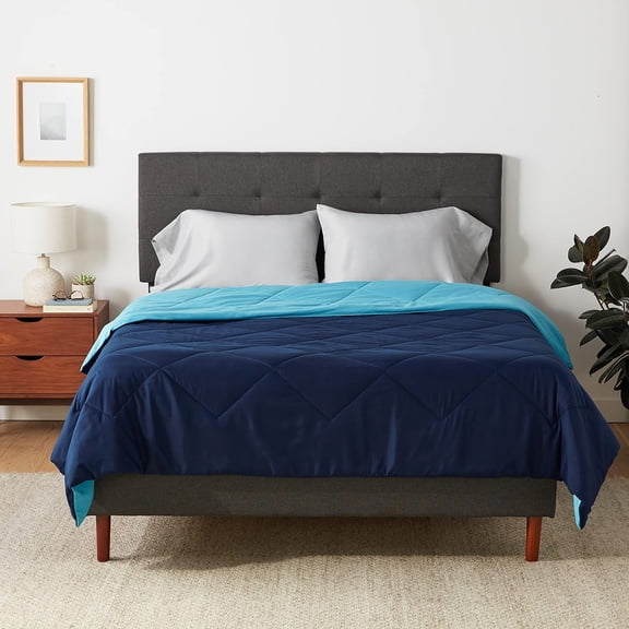 Soft Reversible Lightweight Microfiber Comforter, Washable, Warm All Season Blanket, Full/Queen, Navy/Sky Blue