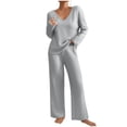 thumbnail image 1 of Soft Ribbed Fall Loungewear Outfit Women's Long Sleeve V-Neck Top & Relaxed Wide Leg Pants, 1 of 9