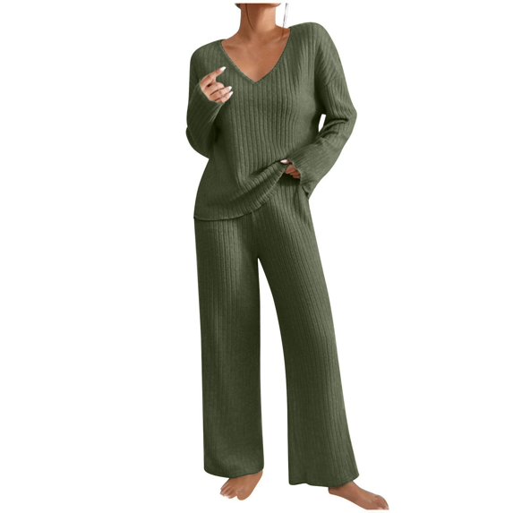Soft Ribbed Fall Loungewear Outfit Women's Long Sleeve V-Neck Top & Relaxed Wide Leg Pants