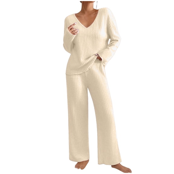 Soft Ribbed Fall Loungewear Outfit Women's Long Sleeve V-Neck Top & Relaxed Wide Leg Pants