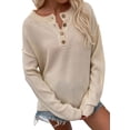 thumbnail image 1 of Soft Ribbed Knit Half Button Up Sweater Fringe Long Sleeve Design for Women Beige Large, 1 of 5