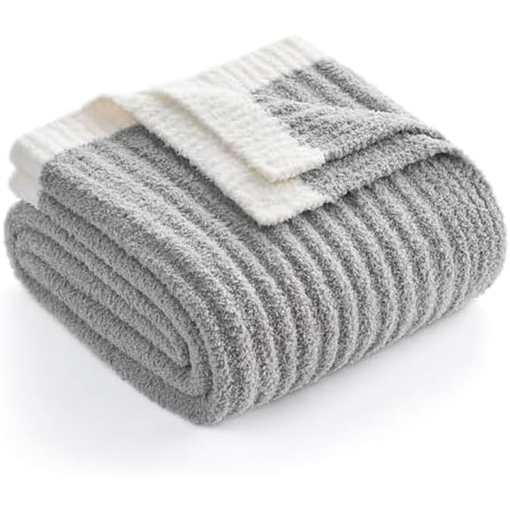 Soft Ribbed Throw Blanket for Couch, Microfiber Fluffy Knit Throws, Luxurious Fuzzy Blankets for Couch, Sofa, Travel, Grey, 50x60 inches