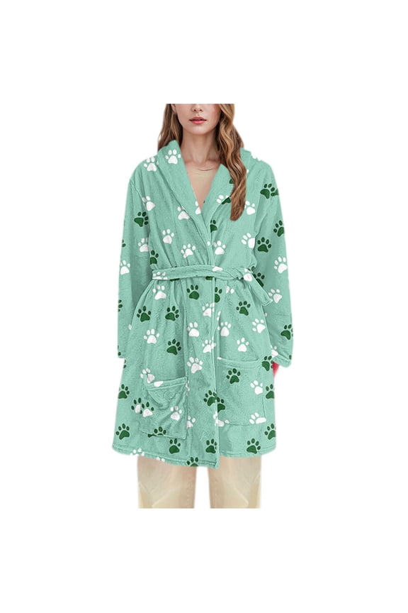 Soft Robe with Pockets, Cute Dog Paw Printed Spa Bathrobe Loungewear Midi-Length, Plush Fuzzy Fluffy Wrap Robe for Women