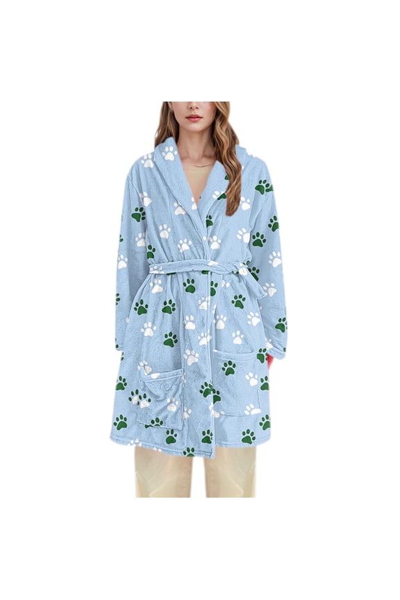 Soft Robe with Pockets, Cute Dog Paw Printed Spa Bathrobe Loungewear Midi-Length, Plush Fuzzy Fluffy Wrap Robe for Women
