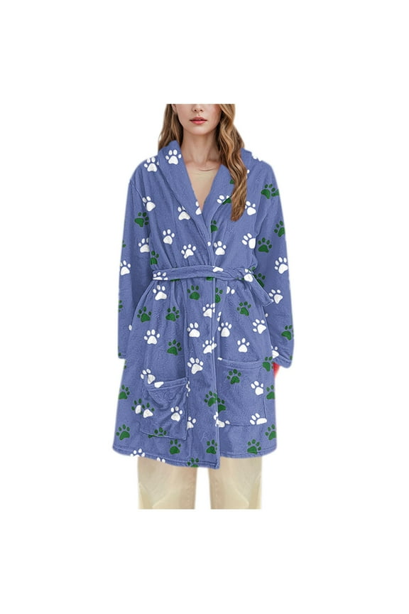 Soft Robe with Pockets, Cute Dog Paw Printed Spa Bathrobe Loungewear Midi-Length, Plush Fuzzy Fluffy Wrap Robe for Women