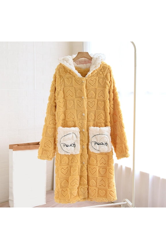 Soft Robes for Women Fleece Warm Cozy Button down Hooded Bathrobe Winter Thick Housecoat with Pockets New Womens Gowns Sleepwear Lightweight Yellow XL