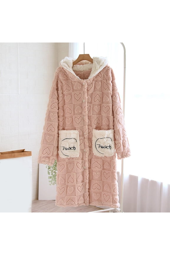 Soft Robes for Women Fleece Warm Cozy Button down Hooded Bathrobe Winter Thick Housecoat with Pockets New Sleepshirts for Women Pinky M
