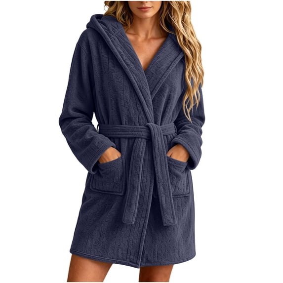 Soft Robes for Women Solid Hooded Long Sleeve Wrap Bathrobe with Pockets Cozy Lightweight Sleepwear Loungewear Home Spa Gift Blue