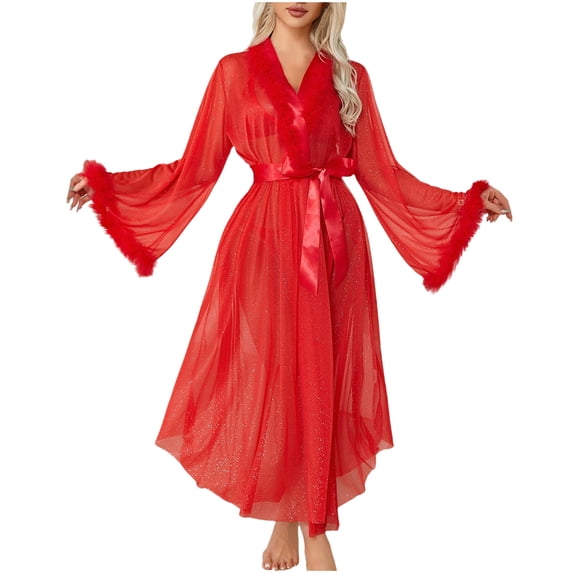 Soft Robes for Women Women's Sheer Mesh Robe Feathers Lace Long Nightgown Sleepwear Bridal Wedding Robe S-102 Red-a One Size